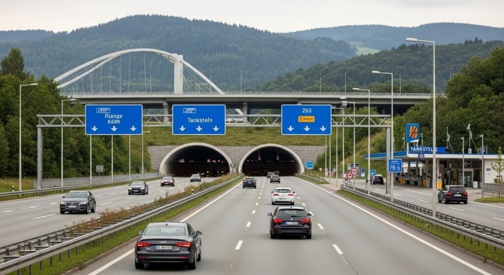 Deutsche Autobahn bei hoher Geschwindigkeit, Symbol für Ingenieurskunst